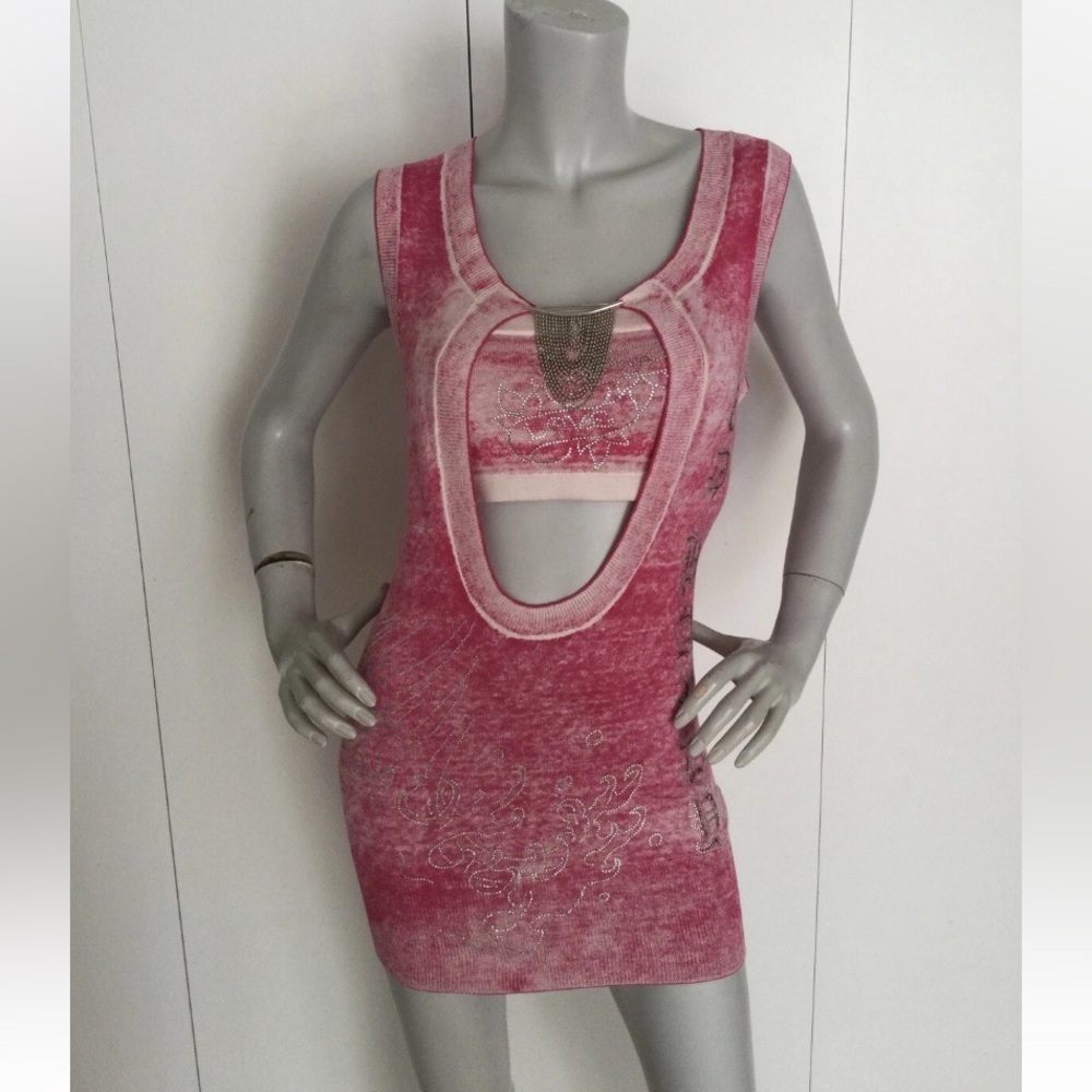 Ed Hardy Pink Sweater Mini Dress with Rhinestone Rose & Skull Size XS
